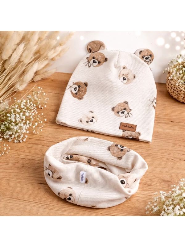 Komplet czapka i komin prążek misiowy zawrót głowy - biel lub jasny beż